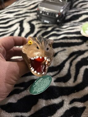 cupcakes & cashmere Brown Dinosaur Hand Puppet with Red Mouth and Yellow Eye